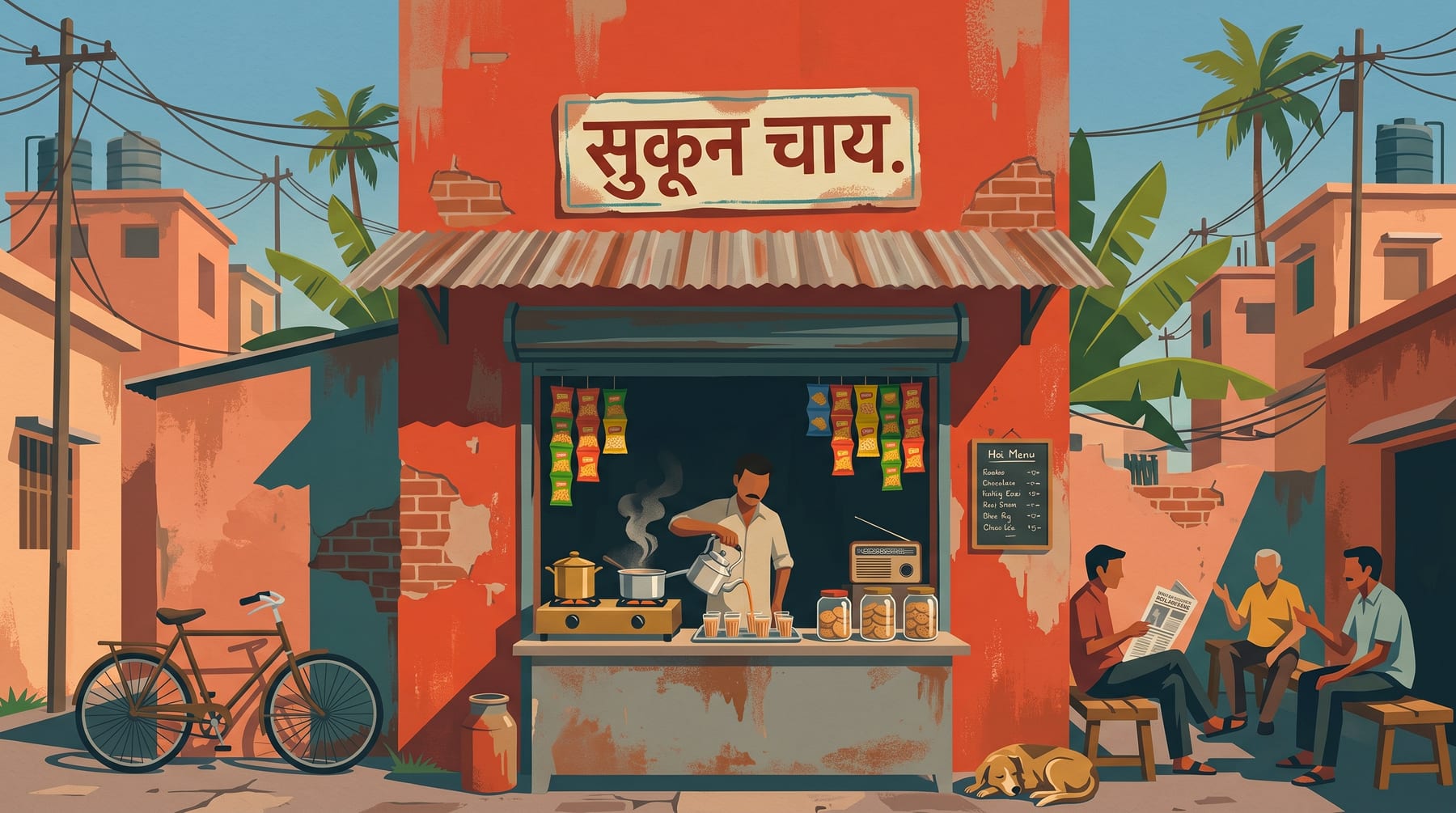 A roadside tapri at noon — chai pouring, a radio on the stool, people on the bench.
